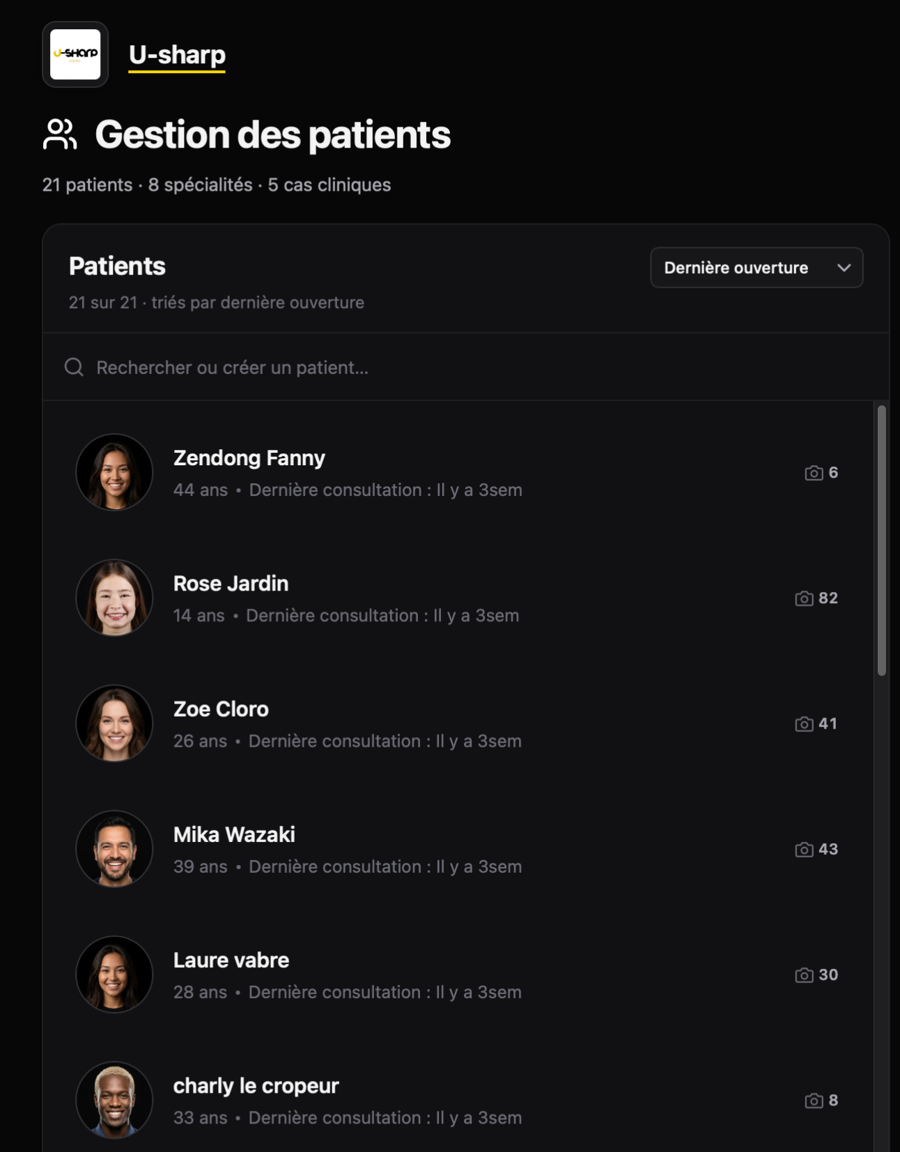 Logiciel U-SHOOT — gestion des patients du cabinet
