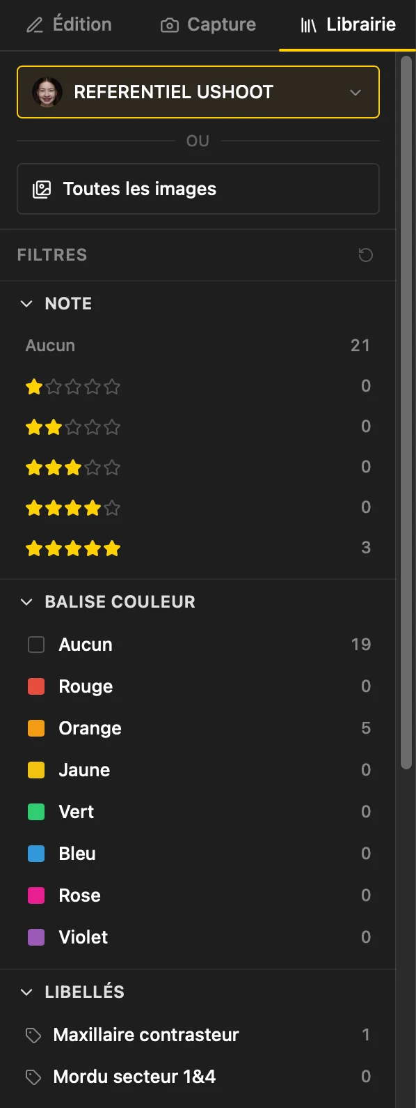 Panneau Librairie & filtres de tri de l'application U-SHOOT