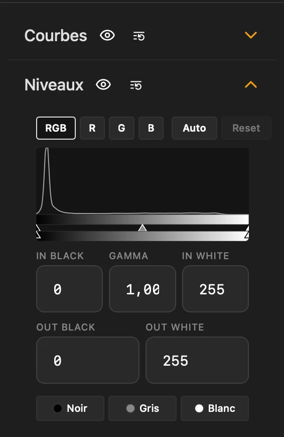 Panneau Niveaux RGB de l'application U-SHOOT