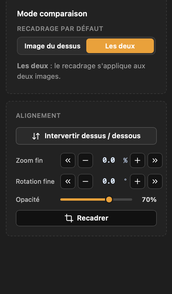 Panneau Mode comparaison : recadrage appliqué aux deux images, intervertir dessus/dessous, zoom fin, rotation fine et opacité.