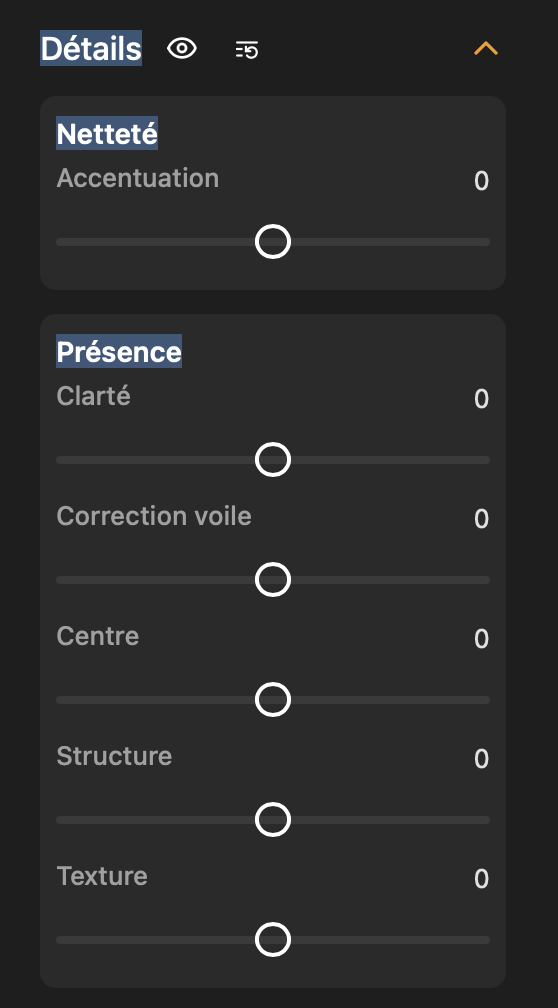 Panneau Détails : accentuation, clarté, correction de voile, centre, structure et texture.